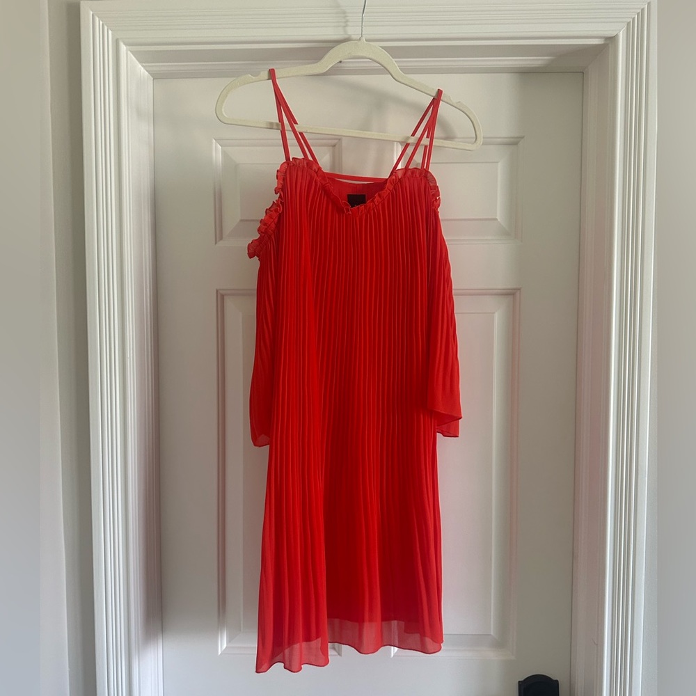 River Island Red Plisse Chiffon Cold Shoulder Swing Dress NWT